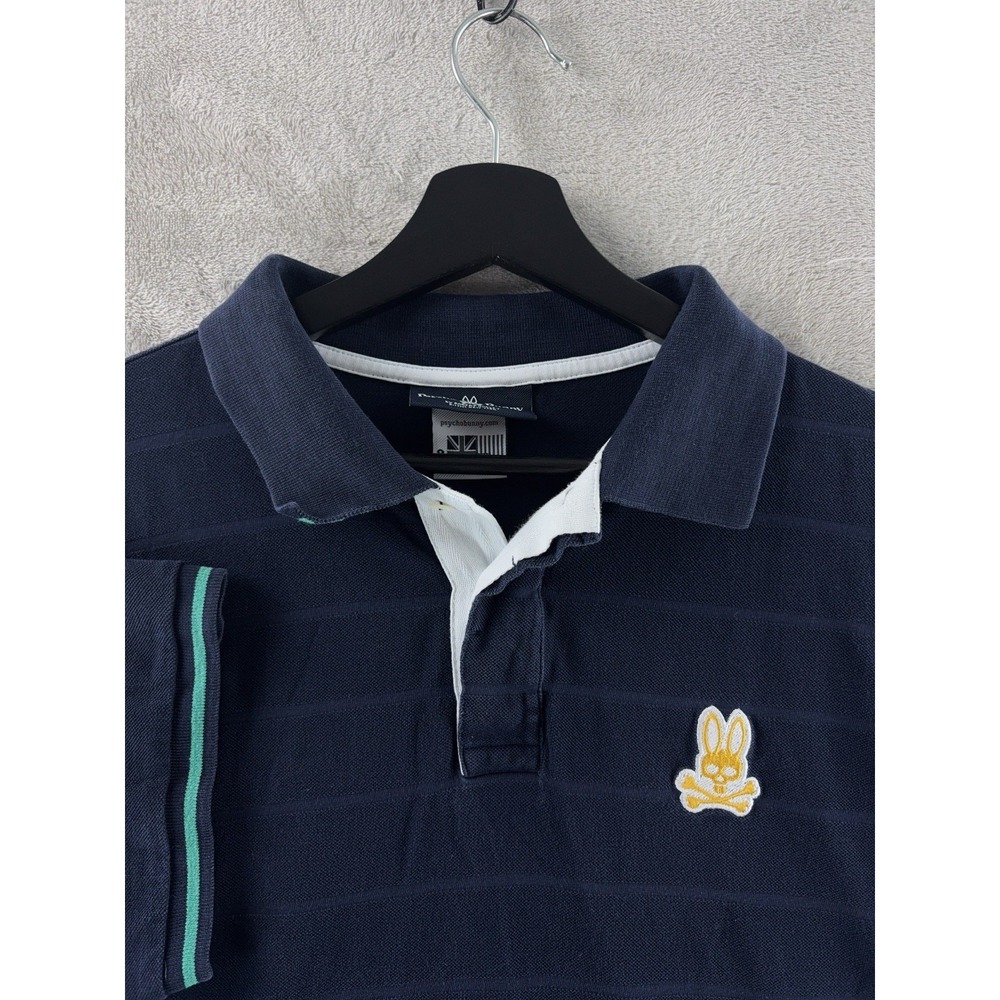 Psycho Bunny Polo Shirt Mens Size 8 Blue Cotton Short Sleeve Striped Logo Casual